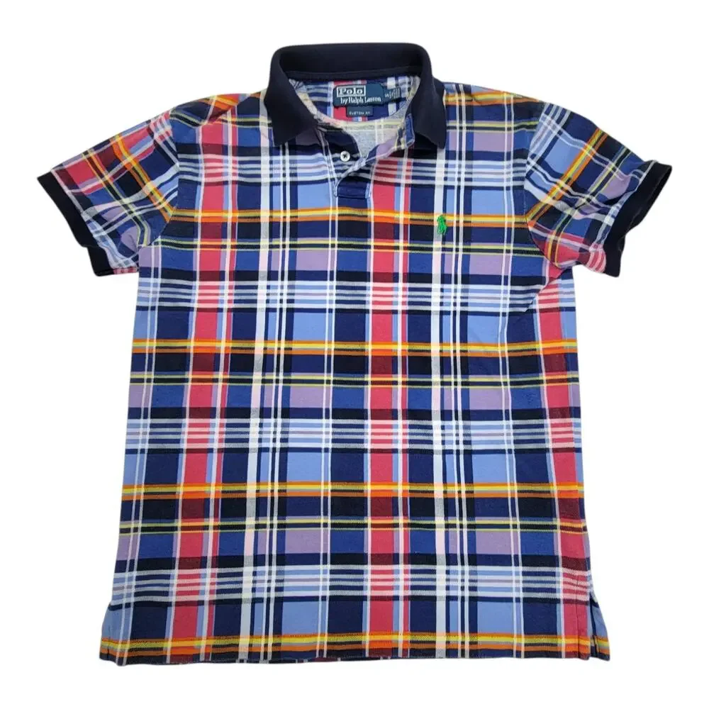 Polo Ralph Lauren Mens Small Blue Plaid Madras Custom Fit Pique Polo Shirt
